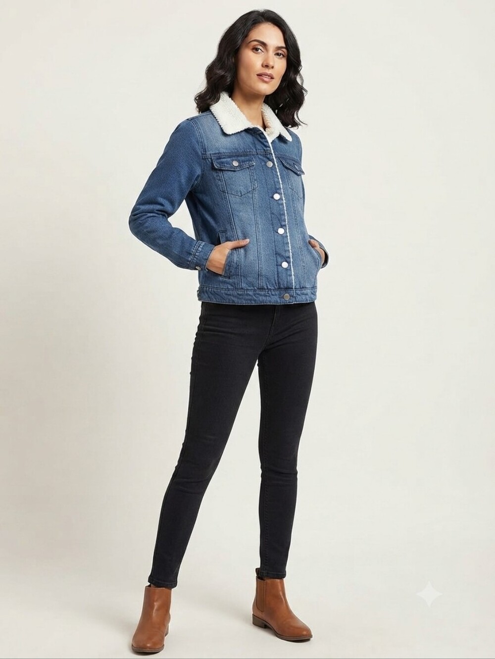 Joujou Premium Outerwear Blue Denim Faux Fur Lined Jacket Size L Retro Pockets